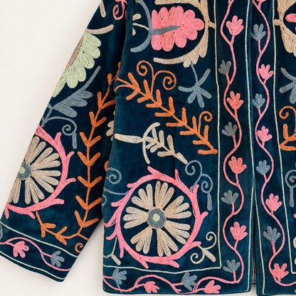 Teal Velvet Suzani Jacket with Pastel Floral Embroidery