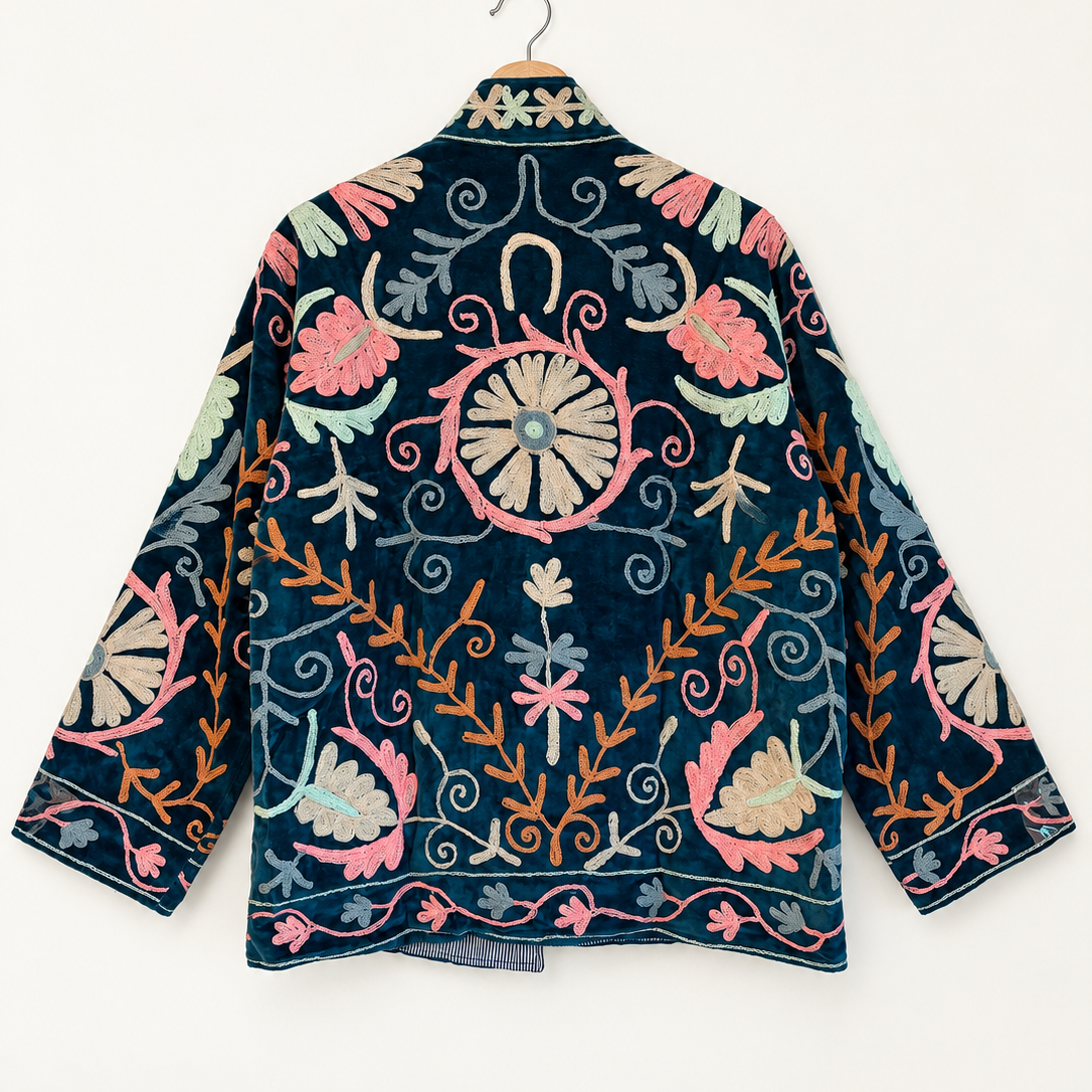 Teal Velvet Suzani Jacket with Pastel Floral Embroidery