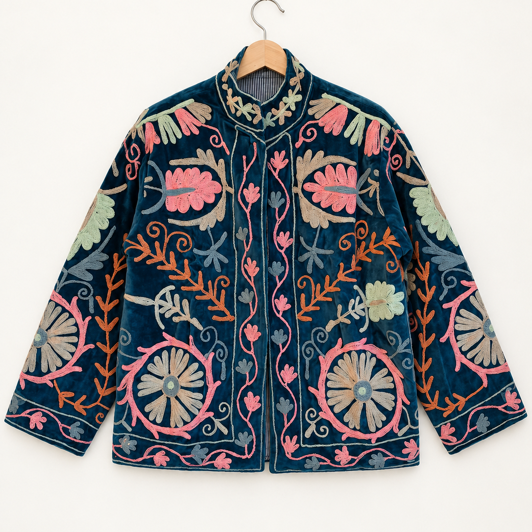 Teal Velvet Suzani Jacket with Pastel Floral Embroidery