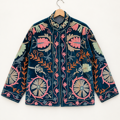 Teal Velvet Suzani Jacket with Pastel Floral Embroidery