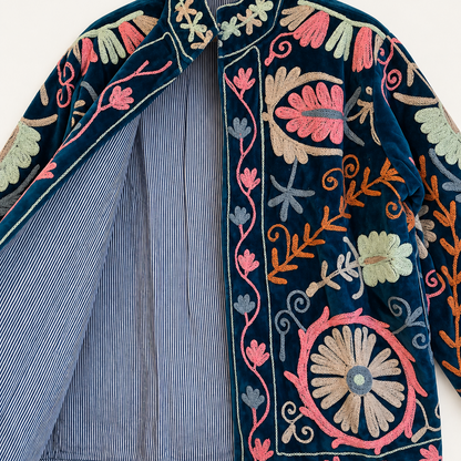 Teal Velvet Suzani Jacket with Pastel Floral Embroidery