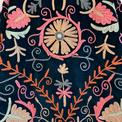 Teal Velvet Suzani Jacket with Pastel Floral Embroidery