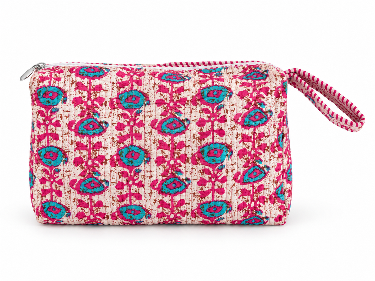 Pink Floral cotton quilted ORGANISER POUCH
