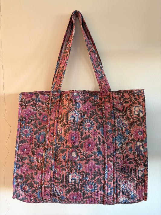 Pink Block Print Cotton Quilted Tote Bag – Handmade Tote featuring vibrant floral patterns and sturdy straps.