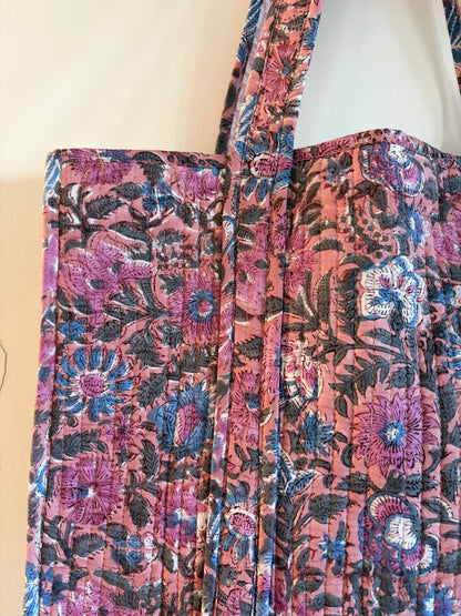 Pink Block Print Cotton Quilted Tote Bag – Handmade Tote with vibrant floral patterns.