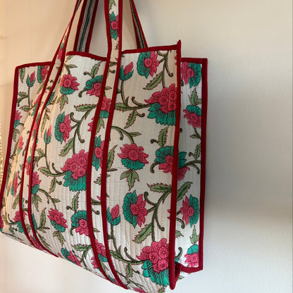 White Block Print Cotton Quilted Tote Bag – Handmade Tote showing vibrant floral design with pink flowers and green leaves.
