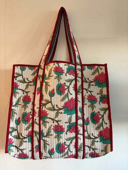 White Block Print Cotton Quilted Tote Bag – Handmade Tote with floral design and red accents.