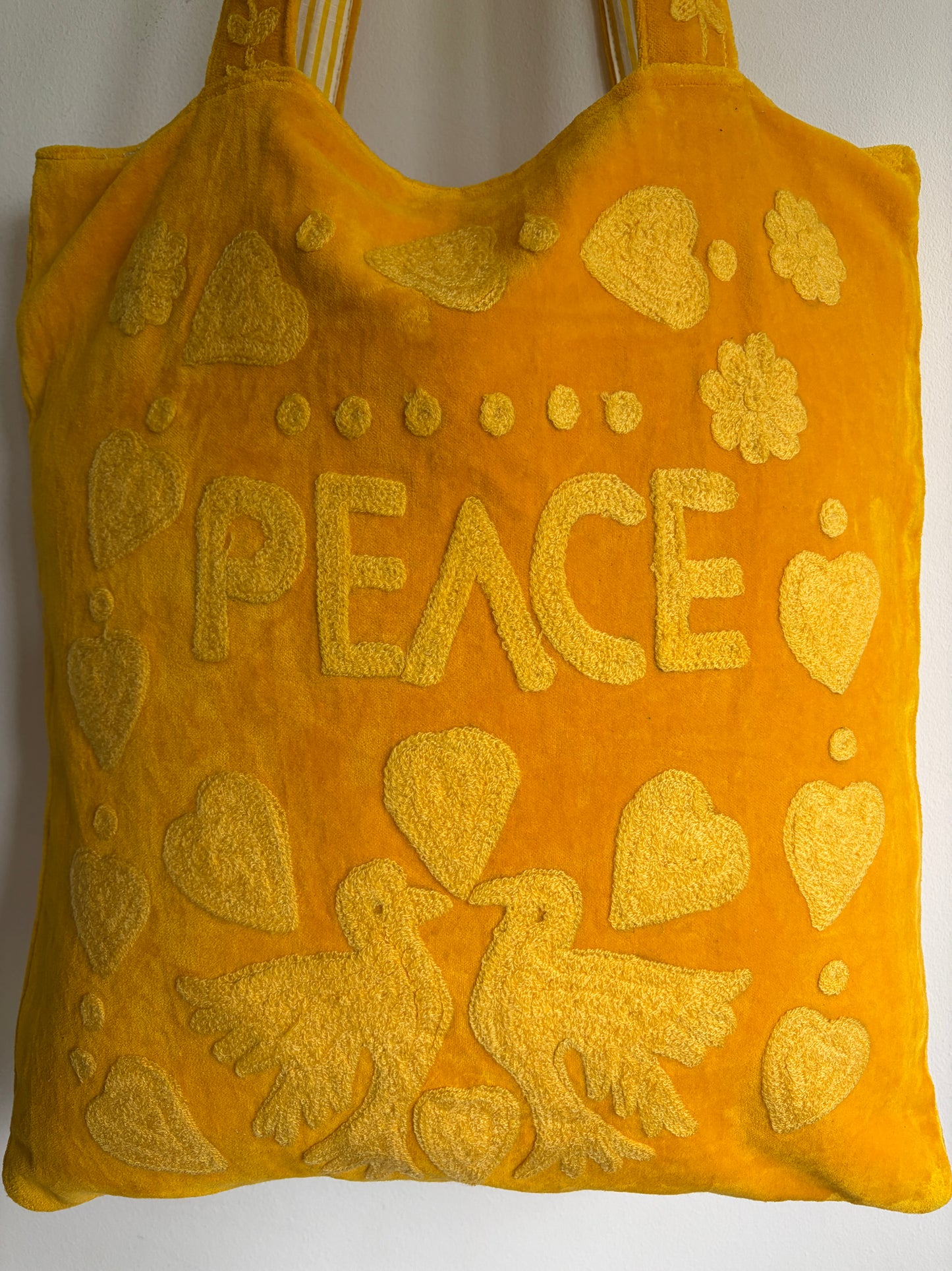 Yellow Velvet Suzani Love Embroidery Tote bag on a white background