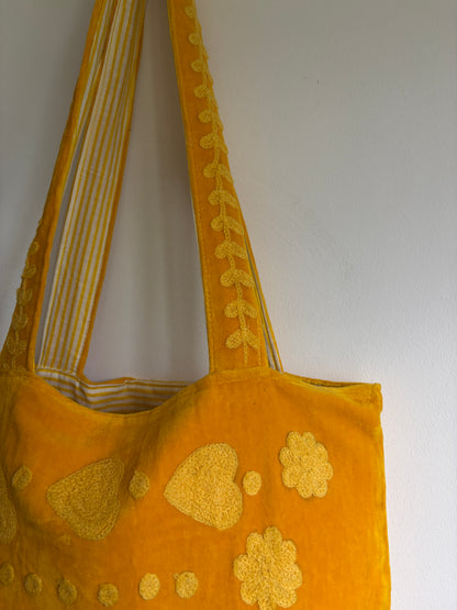 Yellow Velvet Suzani Love Embroidery Tote bag on a white background