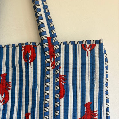 Cotton Quilted Blue and white striped bag with red lobster patterns