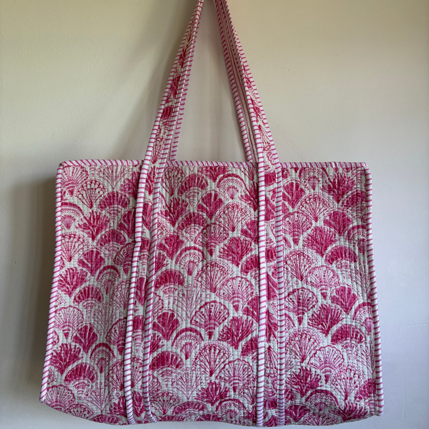 Pink cotton Quilted tote bag UK striped and shell pattern detail