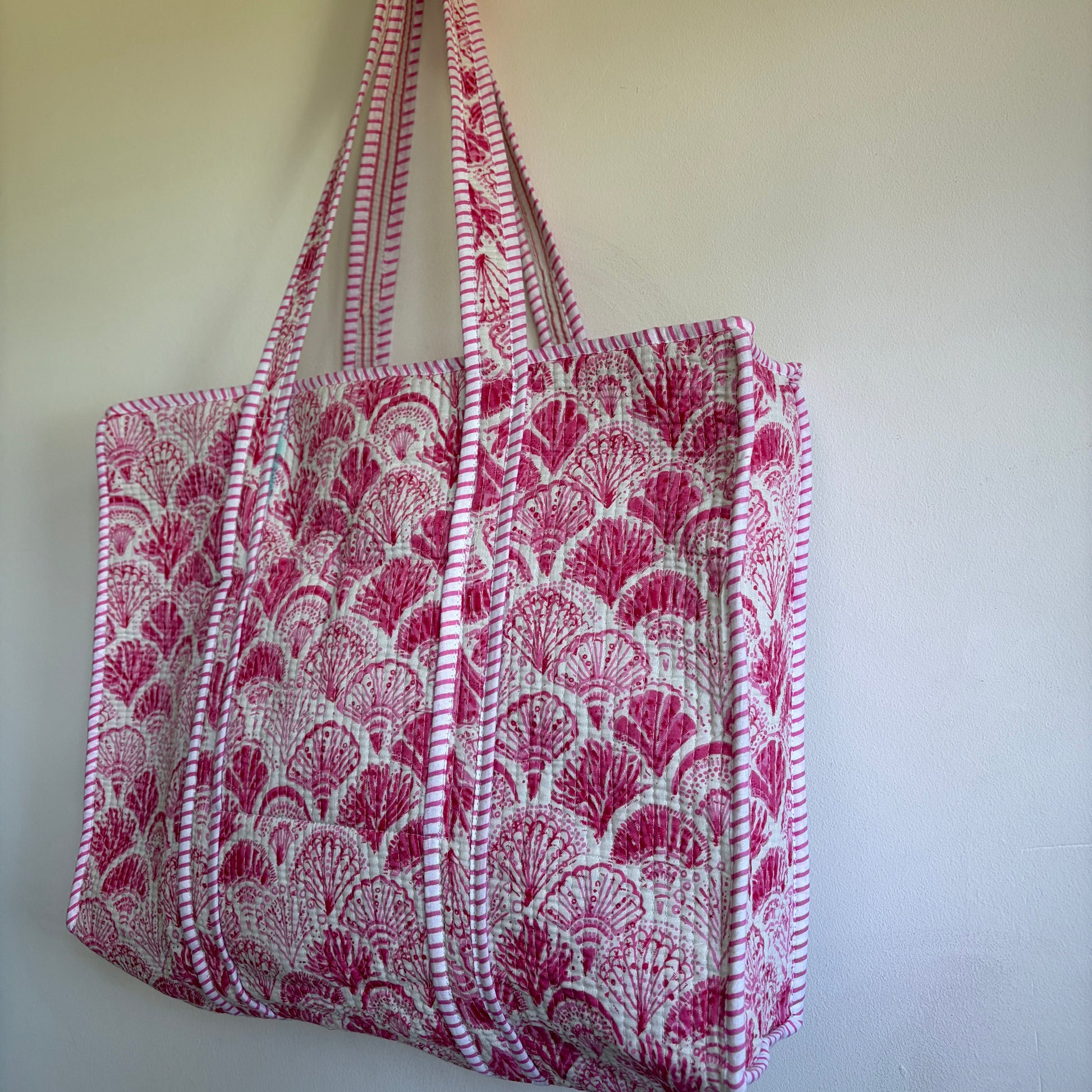Pink cotton Quilted tote bag UK striped and shell pattern detail