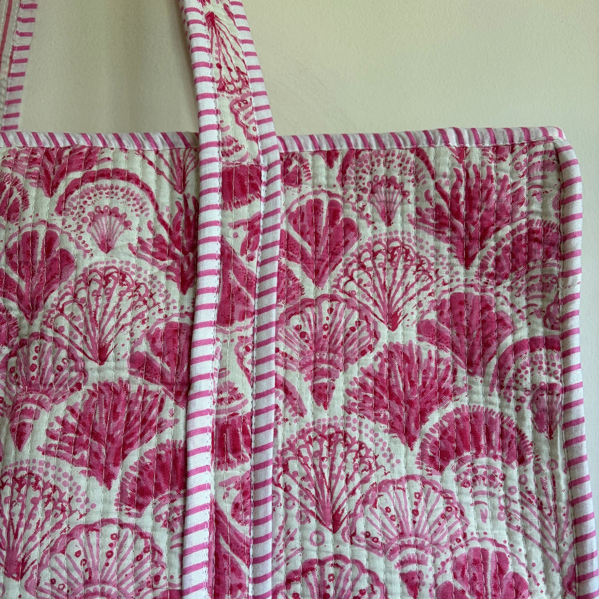 Pink cotton Quilted tote bag UK striped and shell pattern detail