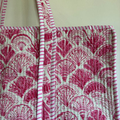 Pink cotton Quilted tote bag UK striped and shell pattern detail