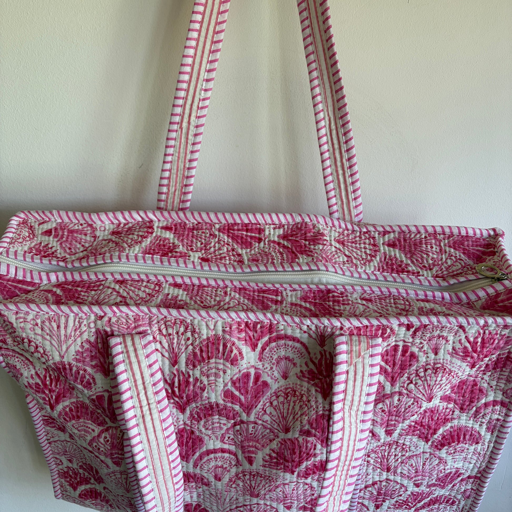 Pink cotton Quilted tote bag UK striped and shell pattern detail