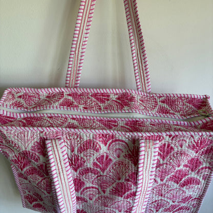 Pink cotton Quilted tote bag UK striped and shell pattern detail