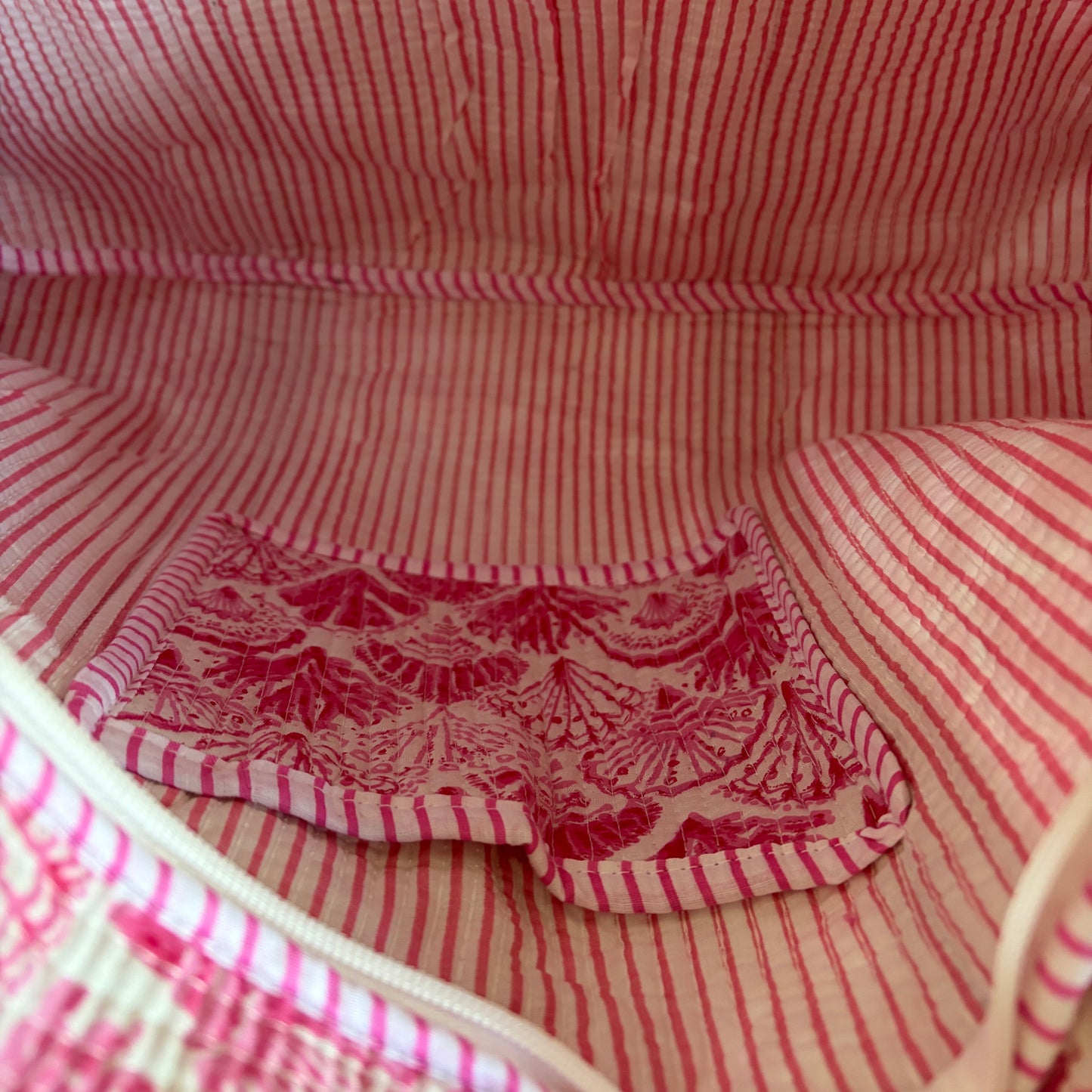 Pink cotton Quilted tote bag UK striped and shell pattern detail