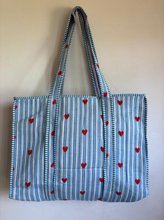 Hand Block Printed Quilted Cotton Tote bags - Ice Blue