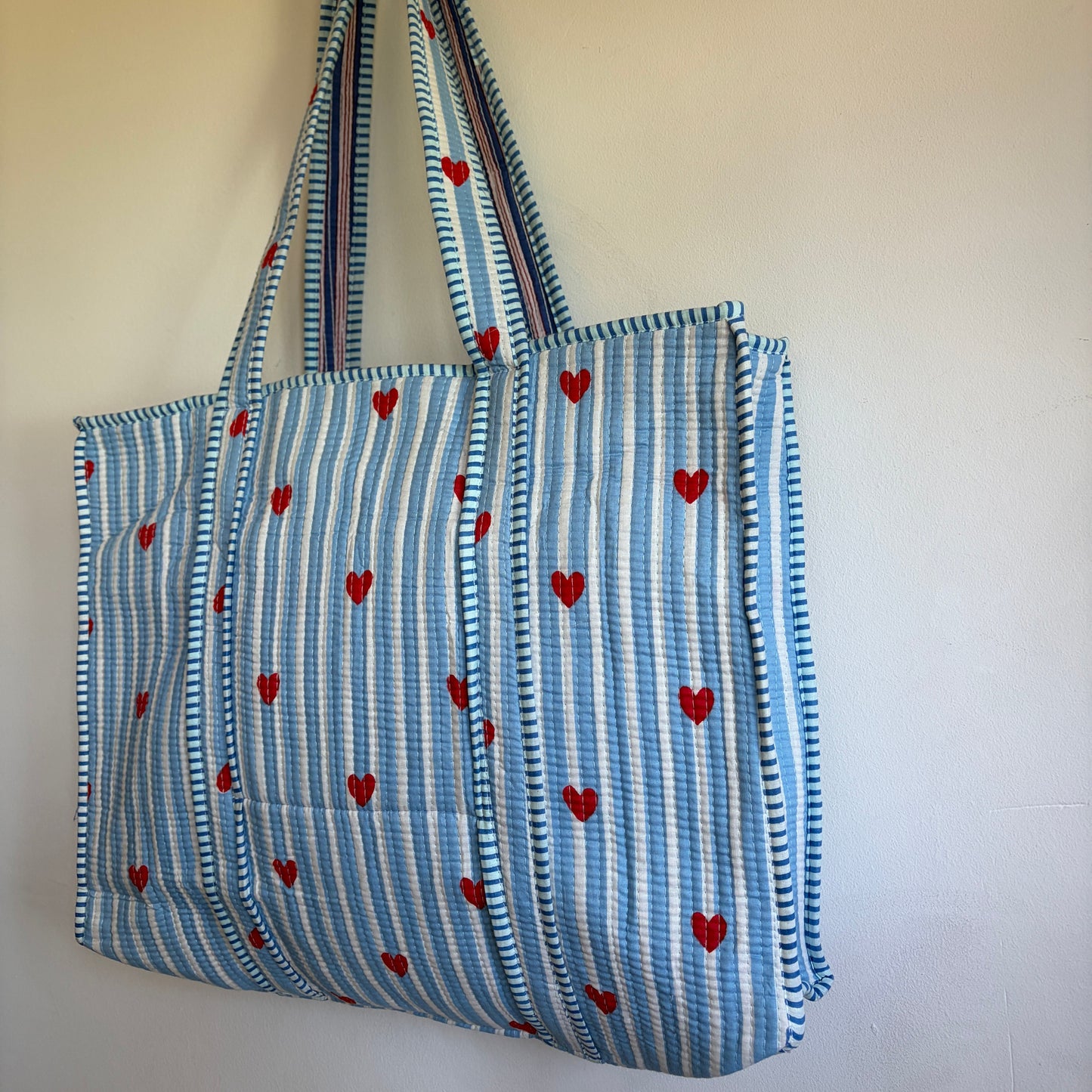 Ice blue cotton tote bag UK striped and heart pattern detail