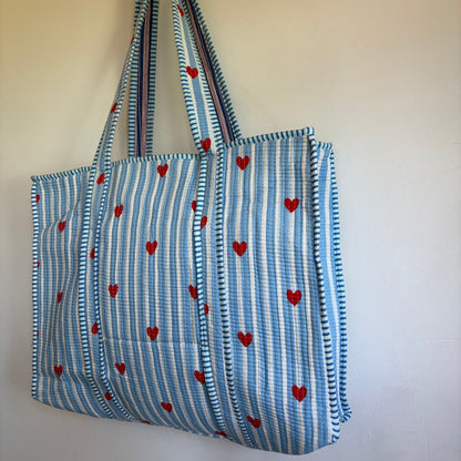 Ice blue cotton tote bag UK striped and heart pattern detail