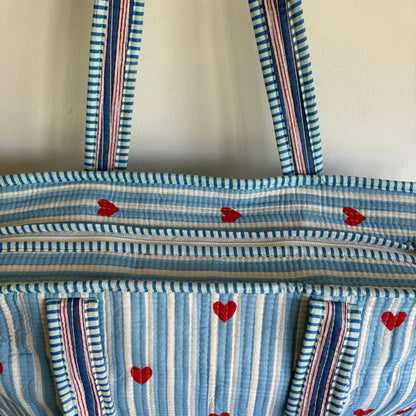Ice blue cotton tote bag UK striped and heart pattern detail