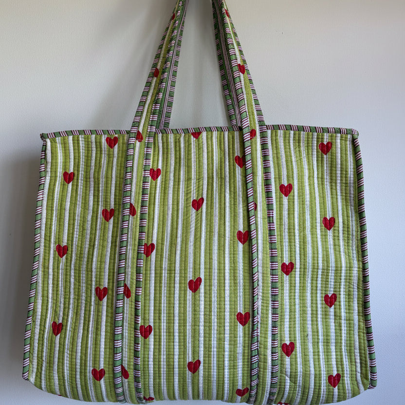 Stripe & Heart Print Cotton Quilted Tote Bag - Green
