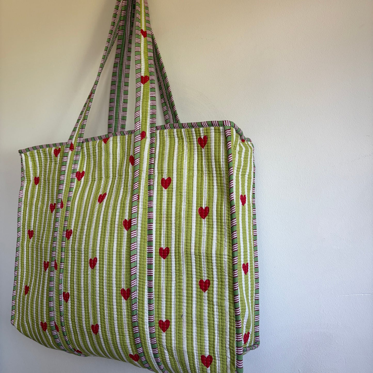 Ice blue cotton tote bag UK striped and heart pattern detail