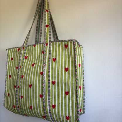 Ice blue cotton tote bag UK striped and heart pattern detail