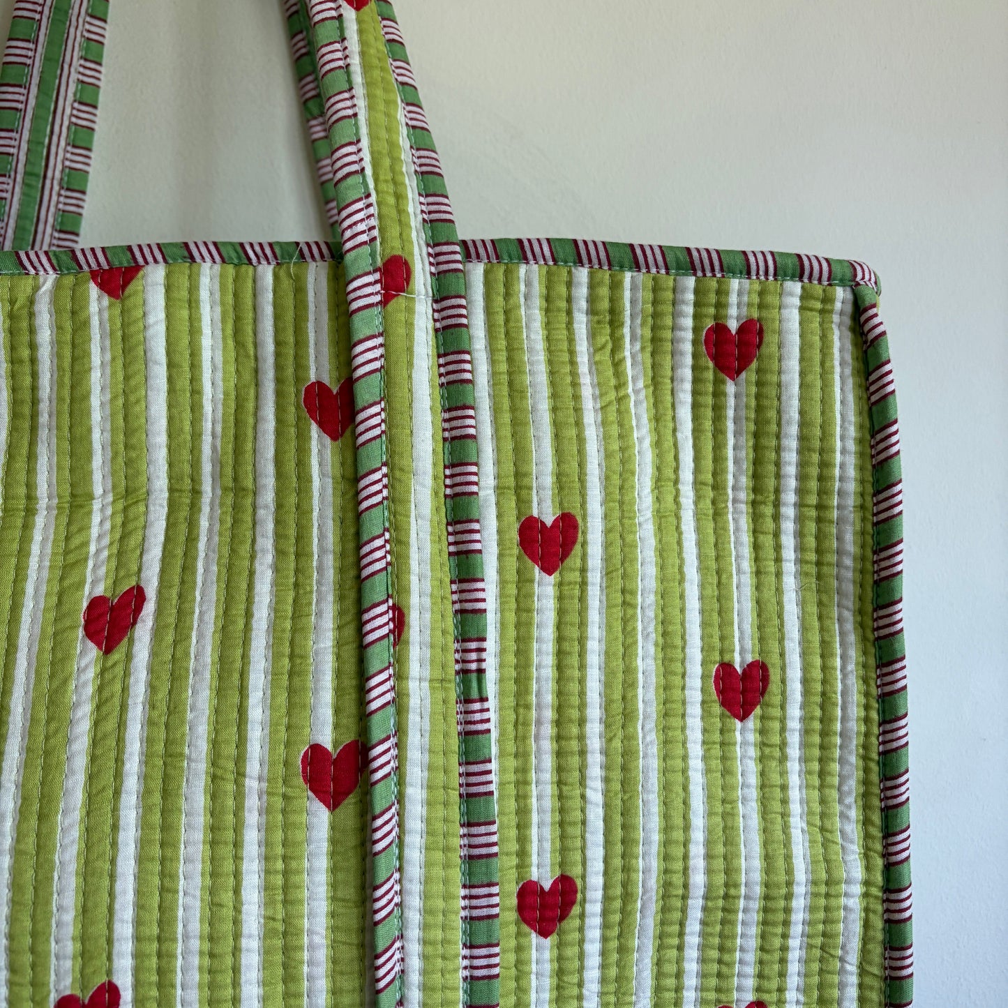 Ice blue cotton tote bag UK striped and heart pattern detail