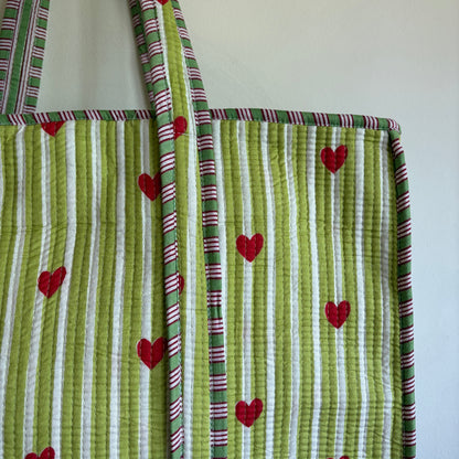 Ice blue cotton tote bag UK striped and heart pattern detail