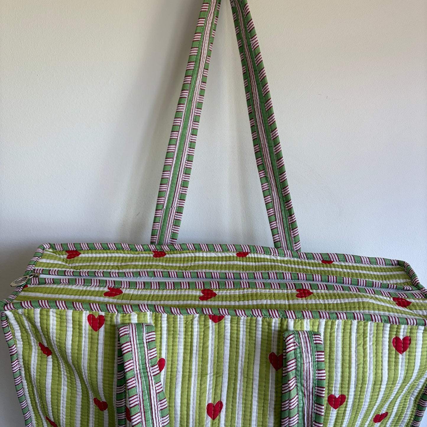 Ice blue cotton tote bag UK striped and heart pattern detail