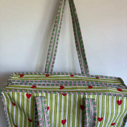 Ice blue cotton tote bag UK striped and heart pattern detail