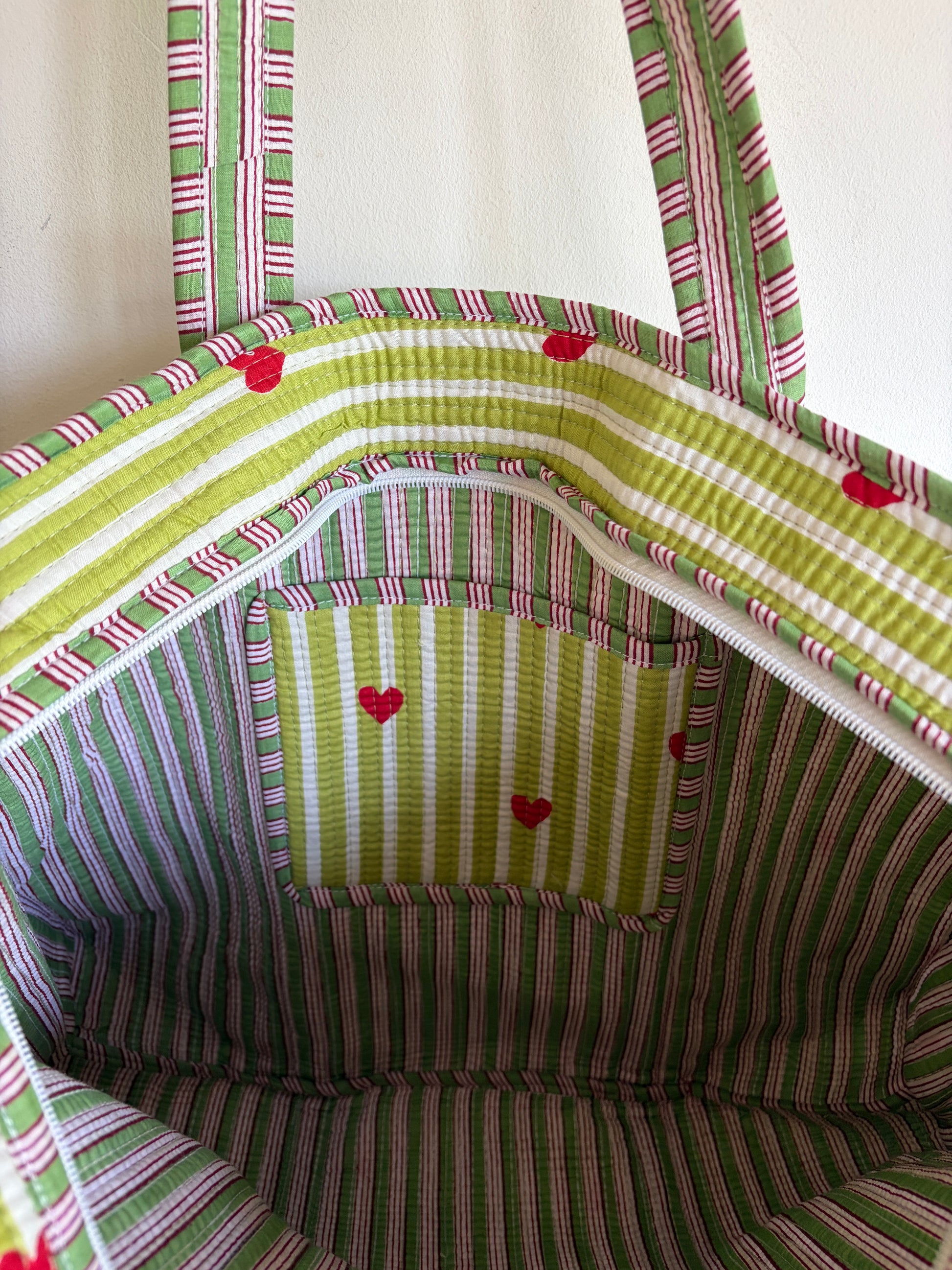 Ice blue cotton tote bag UK striped and heart pattern detail
