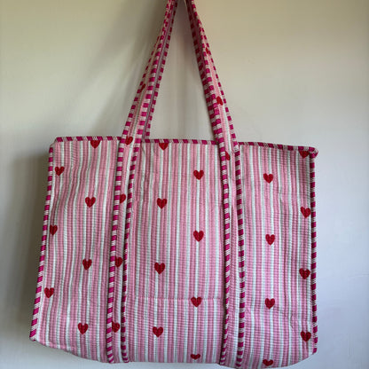 Pink cotton Quilted tote bag UK striped and heart pattern detail