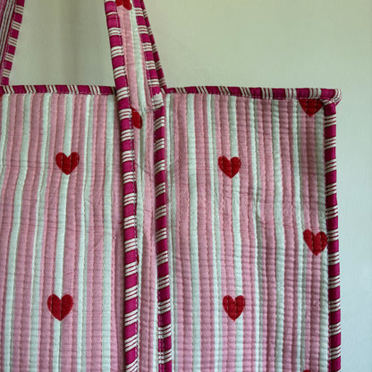 Pink cotton Quilted tote bag UK striped and heart pattern detail