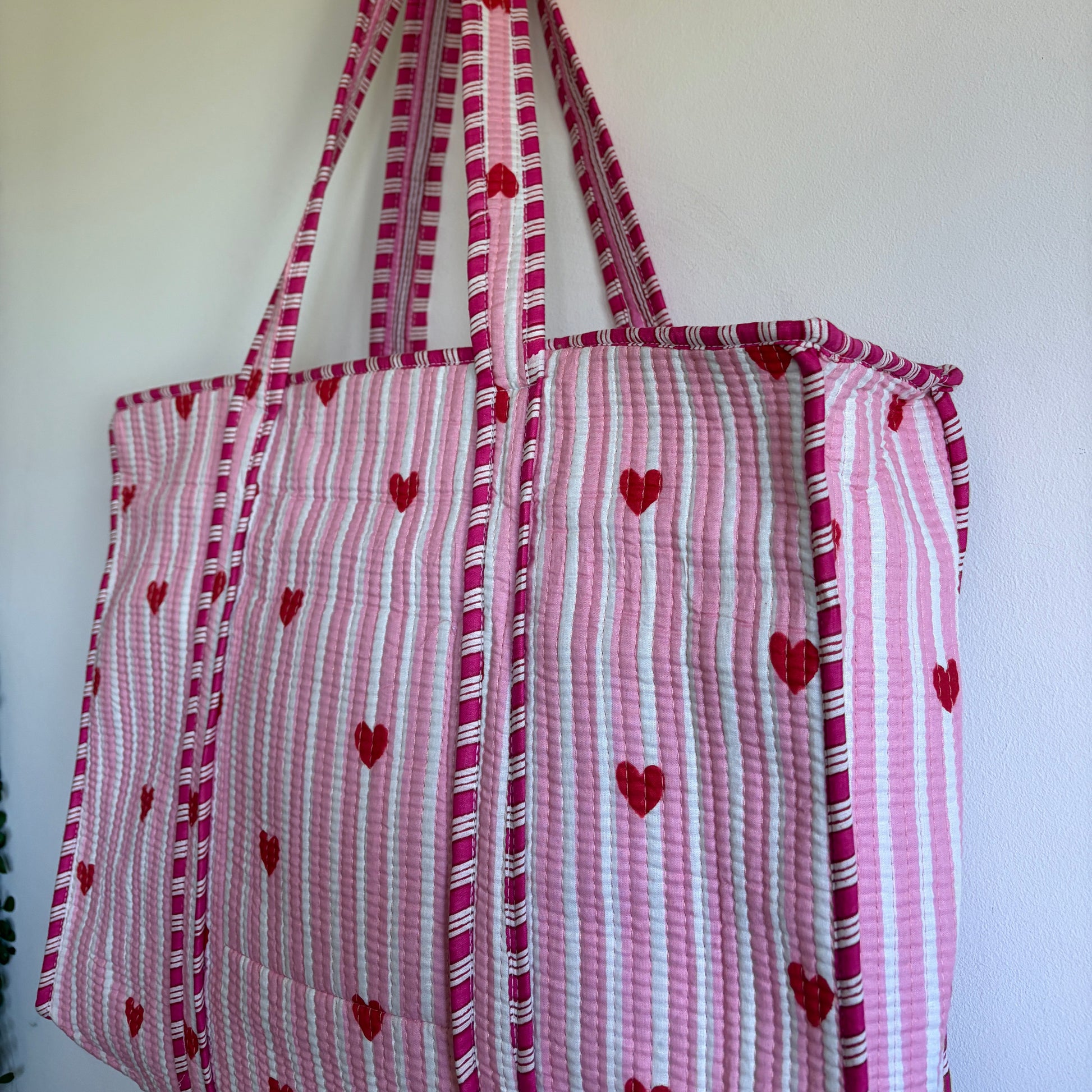 Pink cotton Quilted tote bag UK striped and heart pattern detail