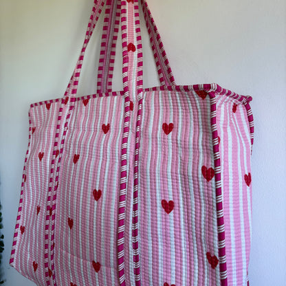 Pink cotton Quilted tote bag UK striped and heart pattern detail