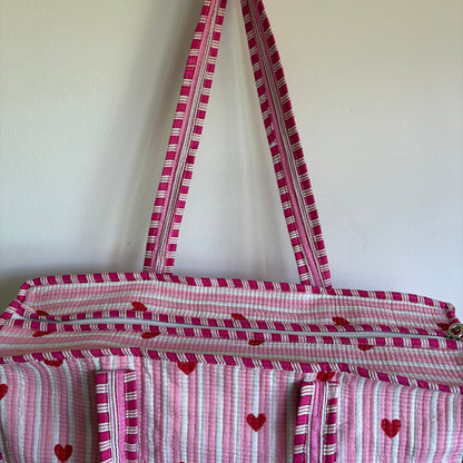 Pink cotton Quilted tote bag UK striped and heart pattern detail