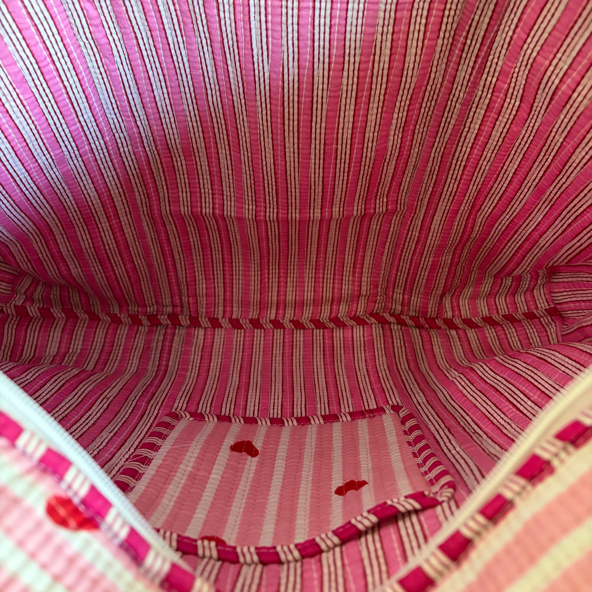 Pink cotton Quilted tote bag UK striped and heart pattern detail