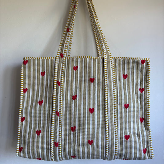 Stripe & Heart Cotton Quilted Tote Bag - Beige