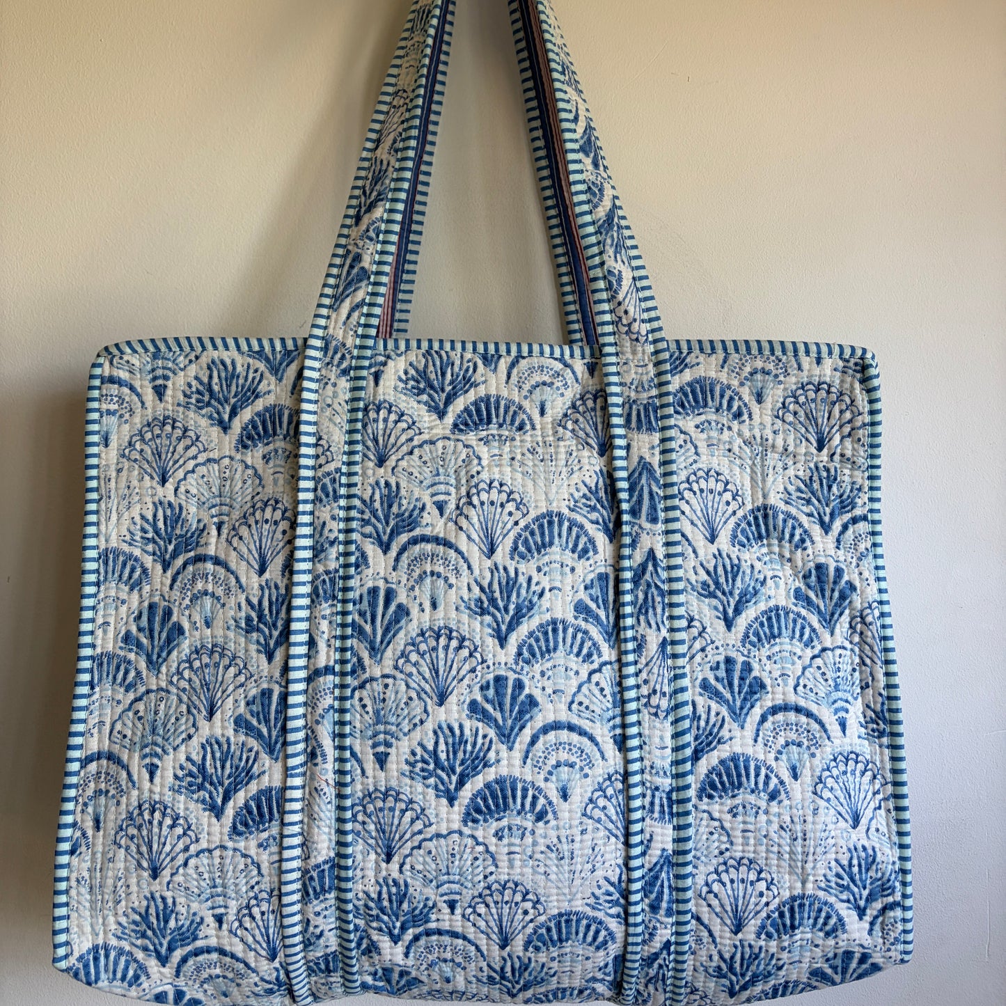 Blue  cotton Quilted tote bag UK striped and shell pattern detail