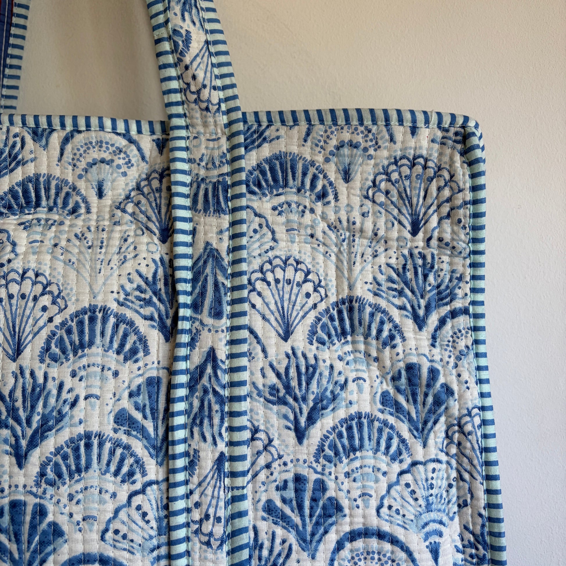 Pink cotton Quilted tote bag UK striped and shell pattern detail