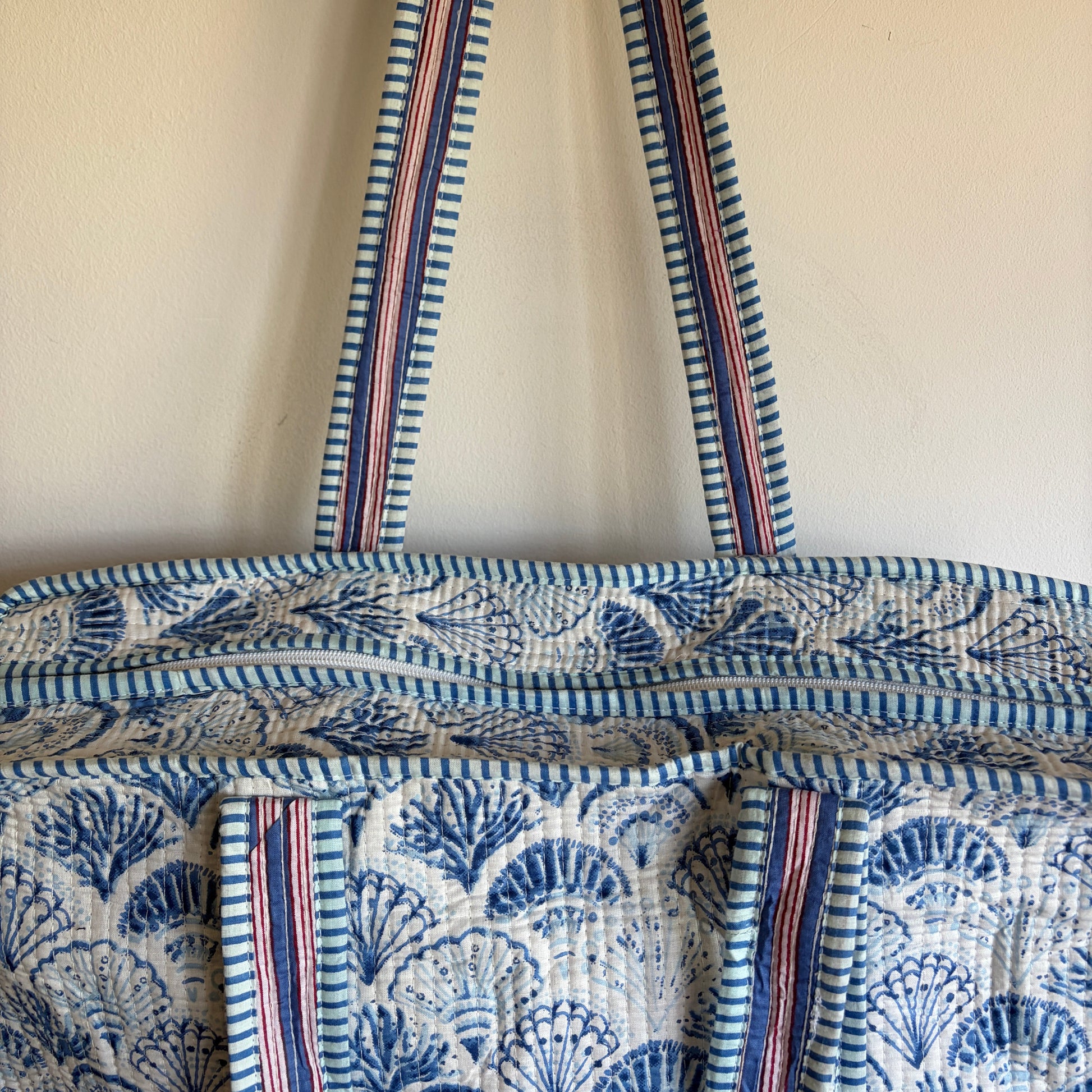 Pink cotton Quilted tote bag UK striped and shell pattern detail