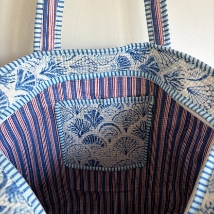Pink cotton Quilted tote bag UK striped and shell pattern detail