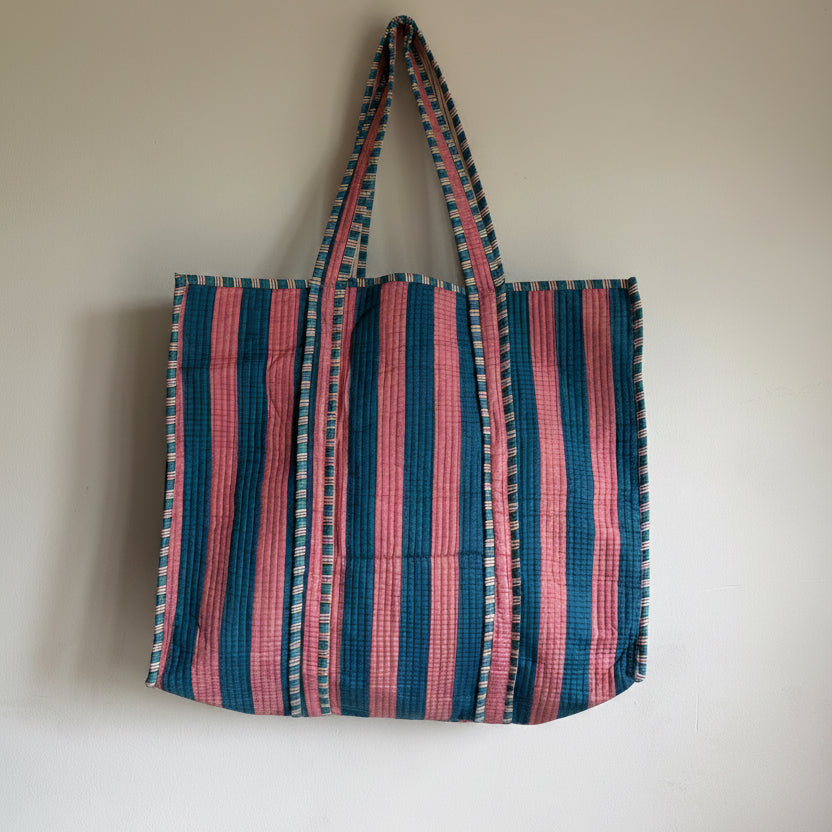 Quilted Pink & Blue Striped Tote Bag 
