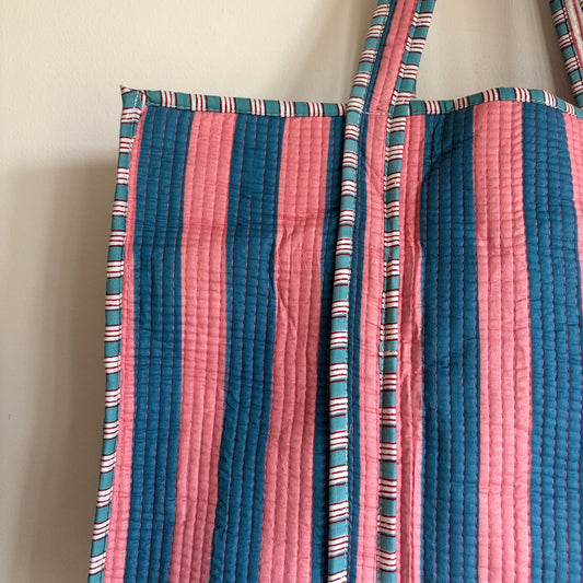 Quilted Pink & Blue Striped Tote Bag 