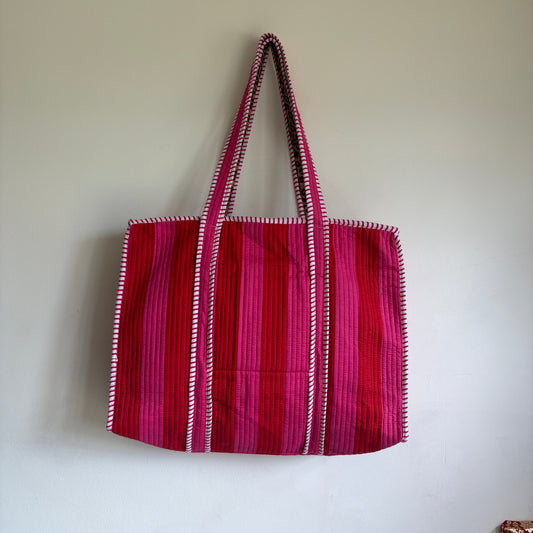 Quilted Pink & Red Striped Tote Bag