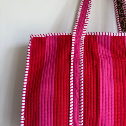 Quilted Pink & Red Striped Tote Bag