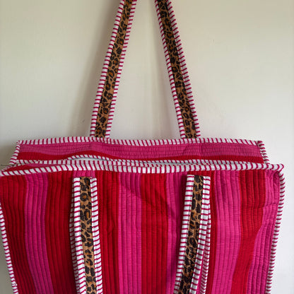 Quilted Pink & Red Striped Tote Bag