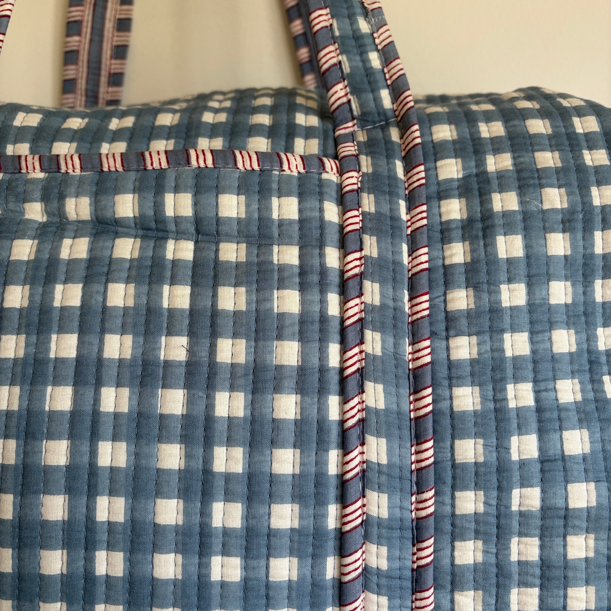 Quilted Blue Gingham Duffle Bag 